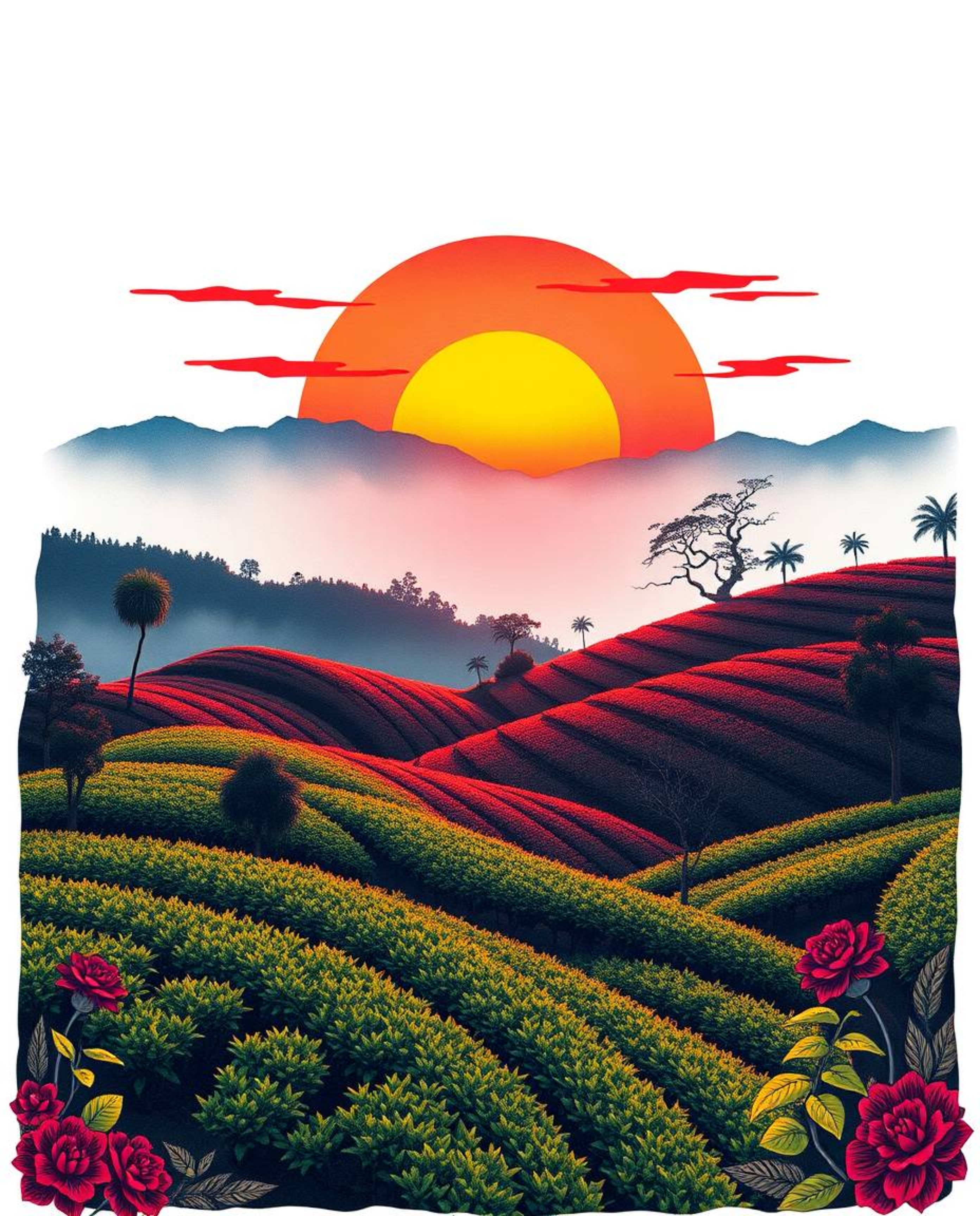 A symbolic traditional tattoo art print of a sunset over terraced tea plantations, rendered in vibrant electric colors agains