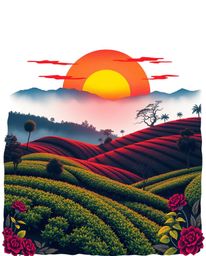 A symbolic traditional tattoo art print of a sunset over terraced tea plantations, rendered in vibrant electric colors agains