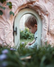 Discover a captivating extreme macro photograph depicting a child's enchanting encounter with a magical portal hidden in thei