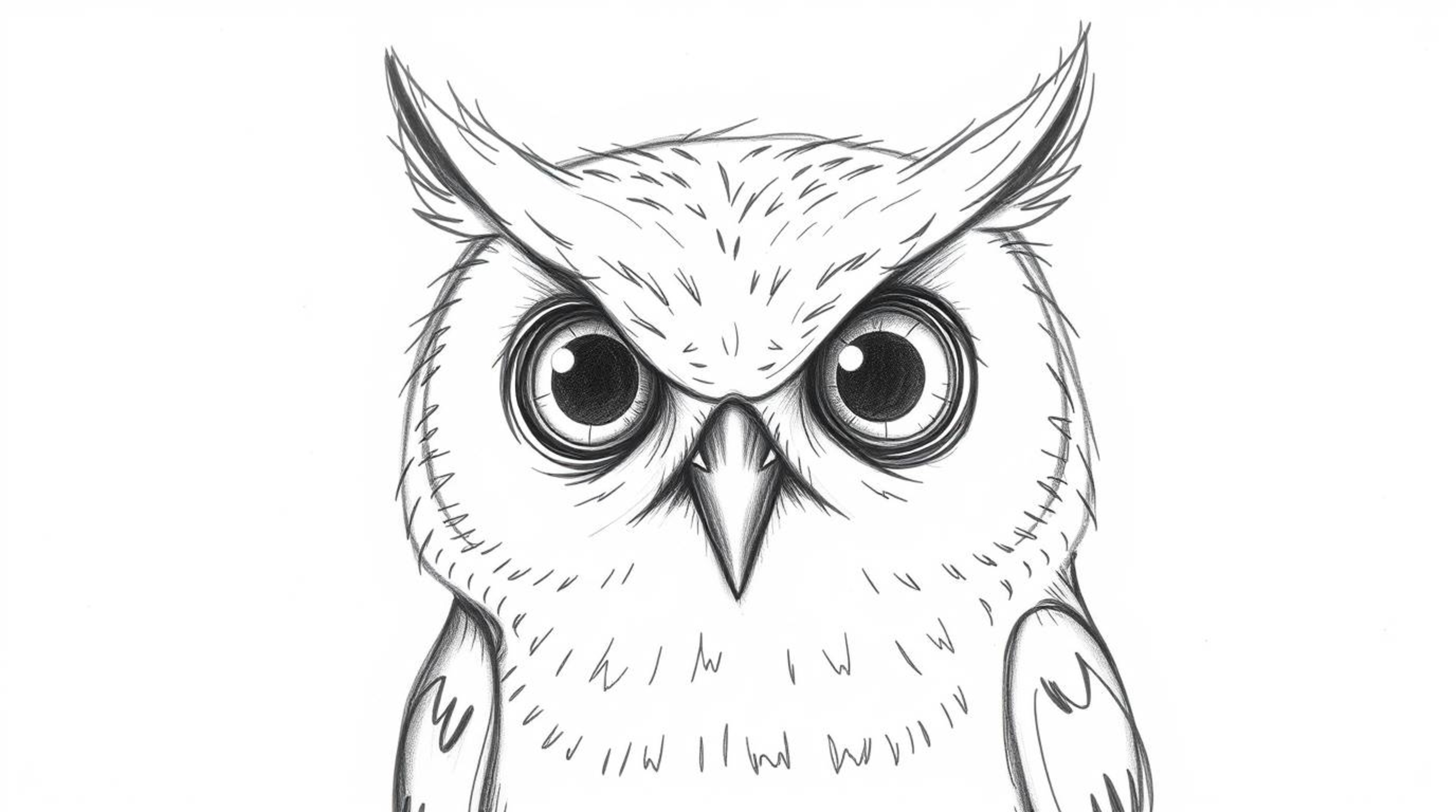A Pixar-esque, hand-drawn sketch depicts a blind owl with large, expressive eyes that radiate wisdom. Despite its blindness, 