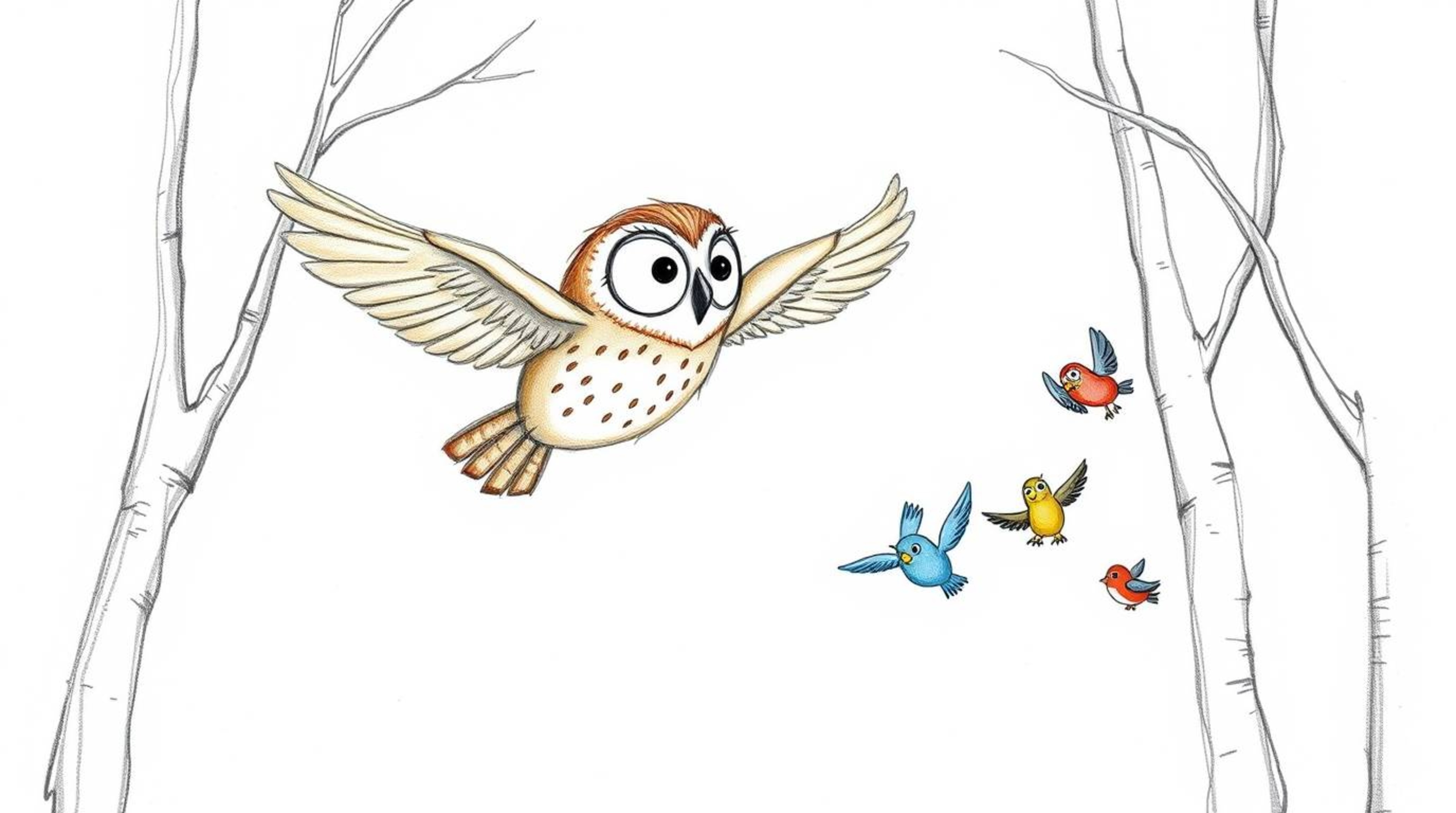 A heartwarming hand-drawn sketch in the style of Pixar depicts a blind owl gracefully gliding between trees, sharing its wisd