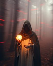 This captivating image features a cloaked figure in a misty forest, captured with warm, long exposure photography. The scene 