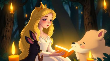 Immerse yourself in a magical scene of a princess with long blonde hair serenading forest animals in a vintage 2D animation s