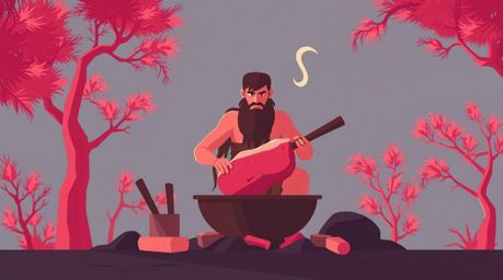 A modern, flat-design illustration depicts a caveman preparing mammoth meat.  The simple, two-dimensional shapes and surreal 