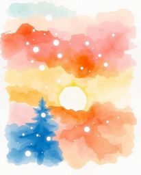 This delicate watercolor painting captures the enchanting scene of snowflakes falling during a vibrant sunset. The artwork is