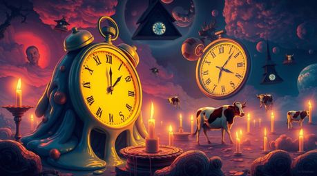 A captivating surreal dreamscape unfolds, featuring melting clocks and floating cows bathed in warm candlelight.  The scene i