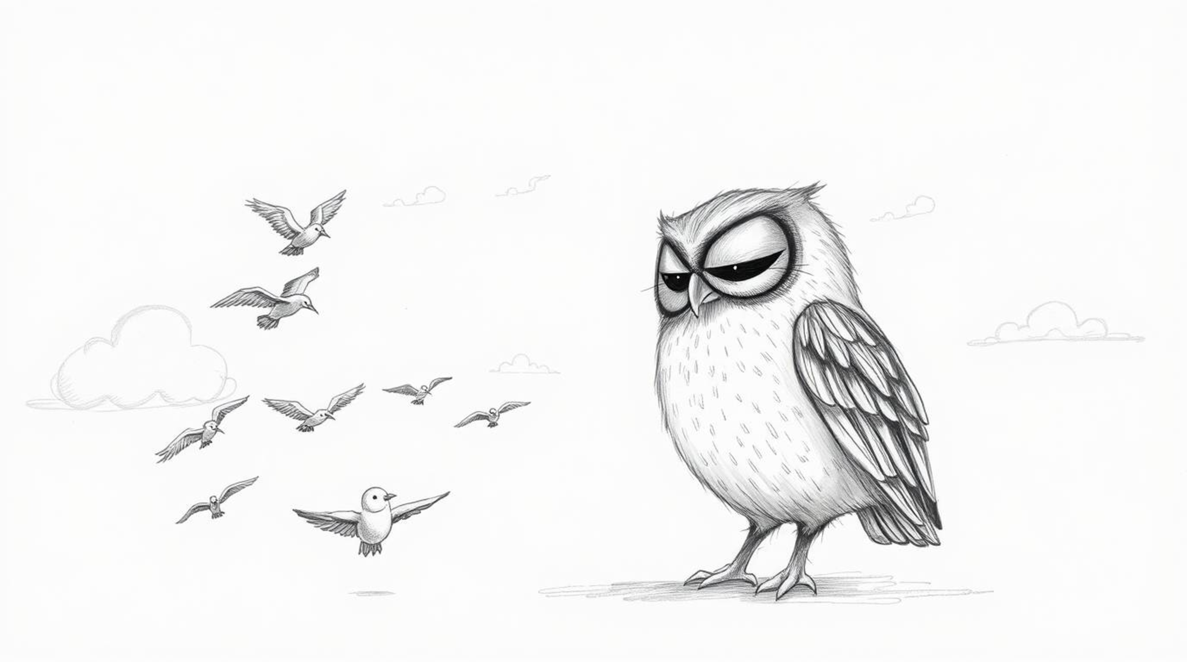 A charming, hand-drawn sketch in the style of Pixar depicts a blind owl with delicate, feathery texture guiding a flock of bi