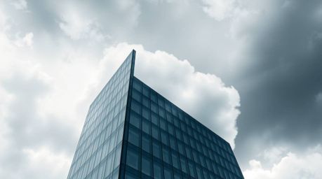 A striking image depicting a modern glass building seamlessly dissolving into a dramatic stormy sky. Soft clouds blend into t