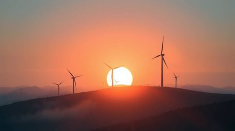 A captivating illustration showcases a breathtaking sunset casting its golden hues behind a row of wind turbines perched atop