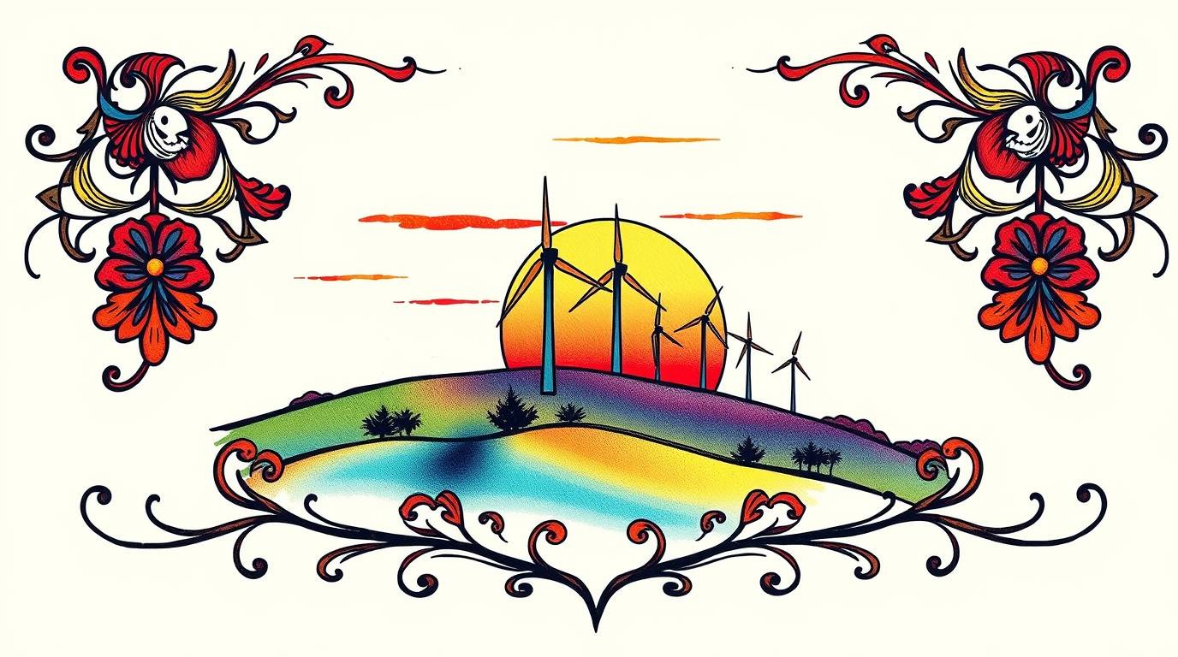 This vibrant traditional tattoo art print features a stunning sunset behind a row of wind turbines on a hill.  The complex or