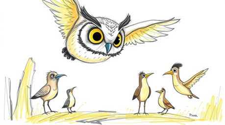 A heartwarming hand-drawn illustration in the style of Pixar depicts a blind owl with expressive eyes patiently guiding a div