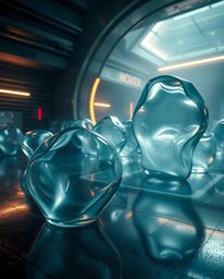A captivating long exposure photograph showcases surreal, 3D shapes resembling melted glass within a hyperrealistic sci-fi se