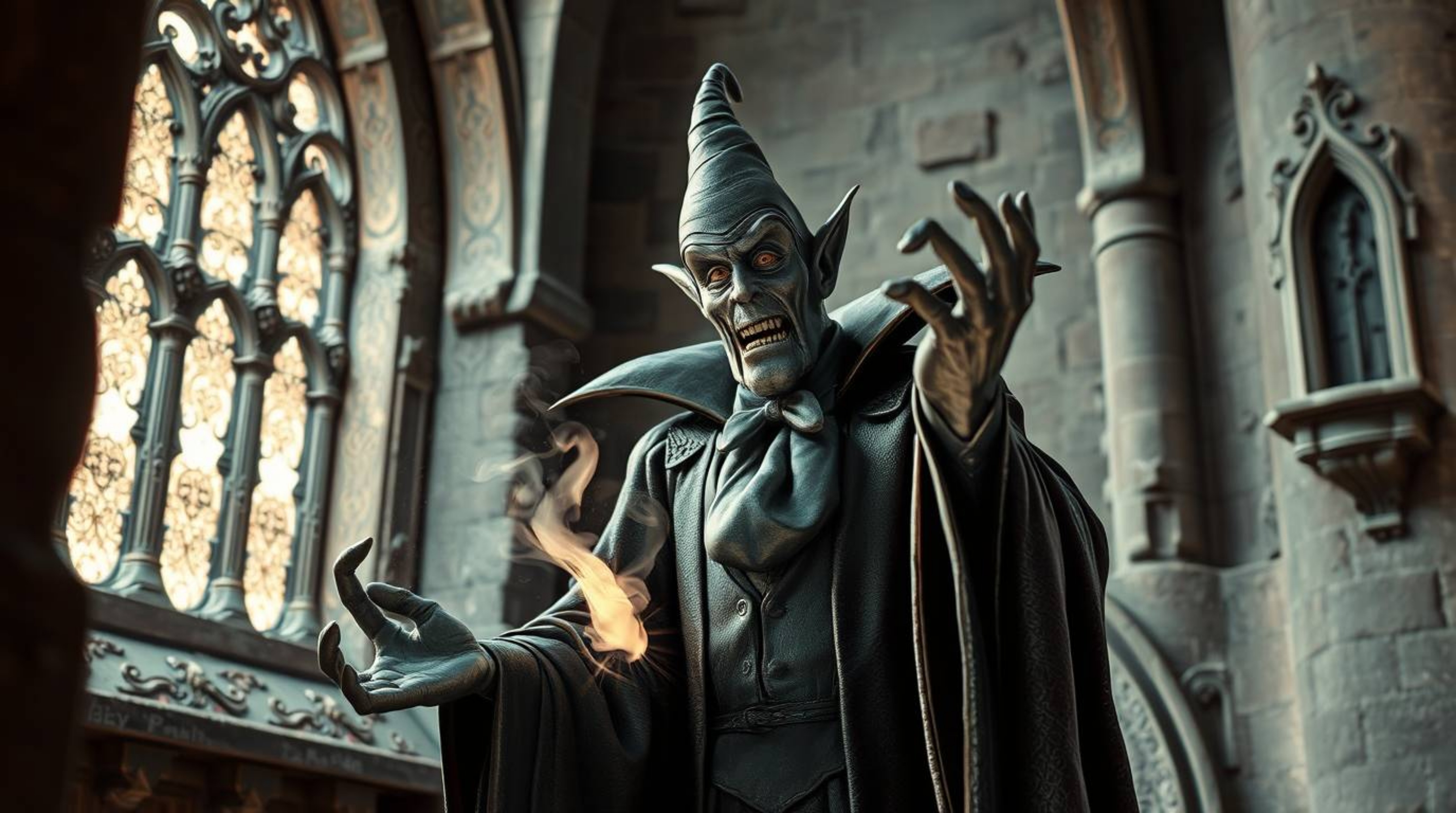 A captivating surreal image in infrared tones depicts a classic Disney villain casting a spell within the walls of an ancient