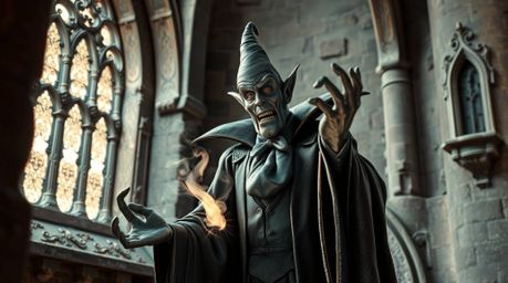 A captivating surreal image in infrared tones depicts a classic Disney villain casting a spell within the walls of an ancient