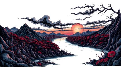 Explore a captivating art print featuring a river delta aglow in twilight hues, rendered in a vibrant, retro, and complex orn