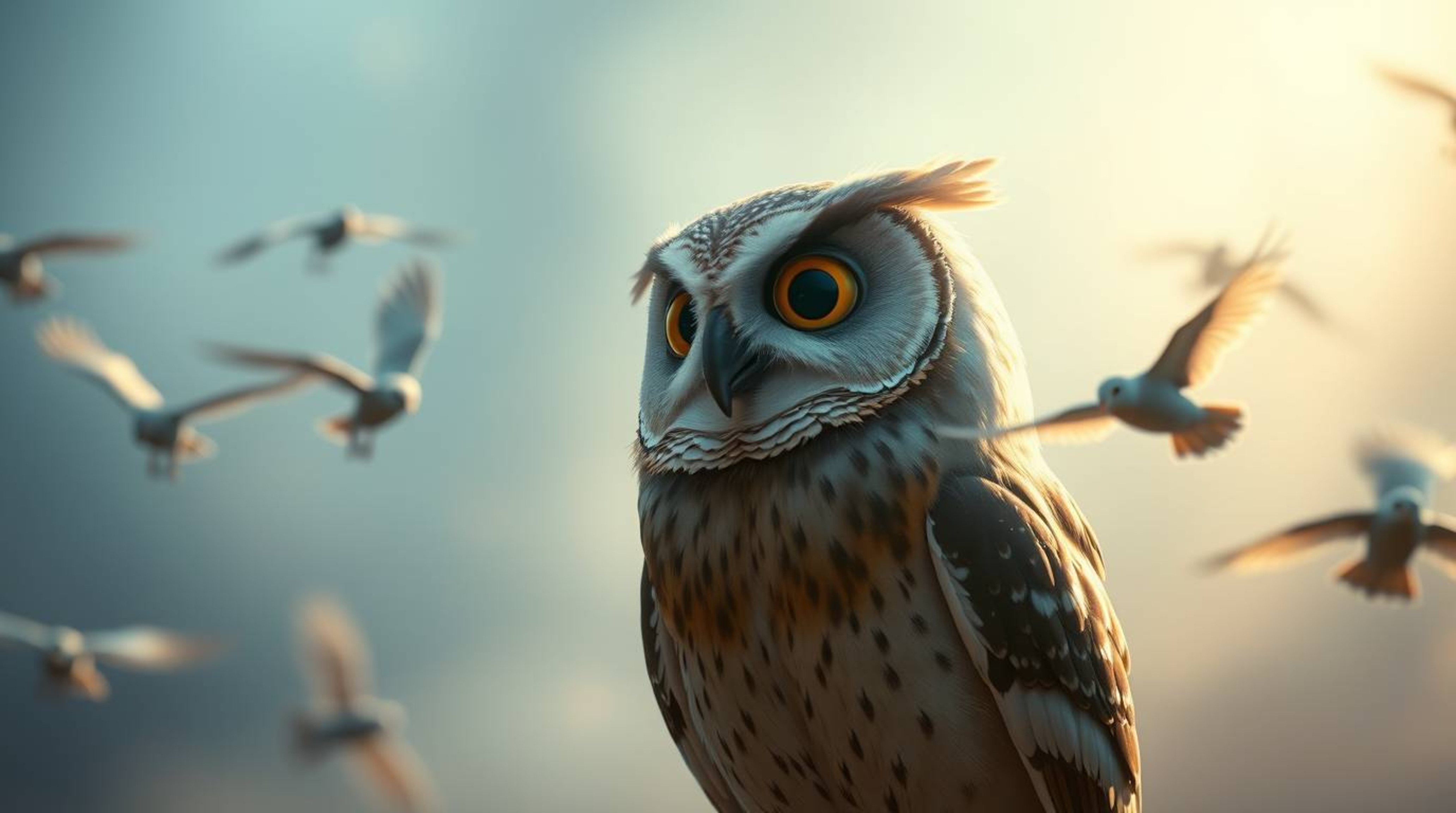 This cinematic and ethereal long exposure photograph depicts a blind owl, rendered in a heartwarming Pixar-like style with so