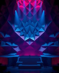 A grand, epic scene in rich burgundy and deep blue showcases a stunning 3D geometric pattern reminiscent of folded paper, enh