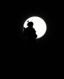 A brave hero, silhouetted against a stark black desert landscape in the style of Disney animation.  Experience the thrill of 