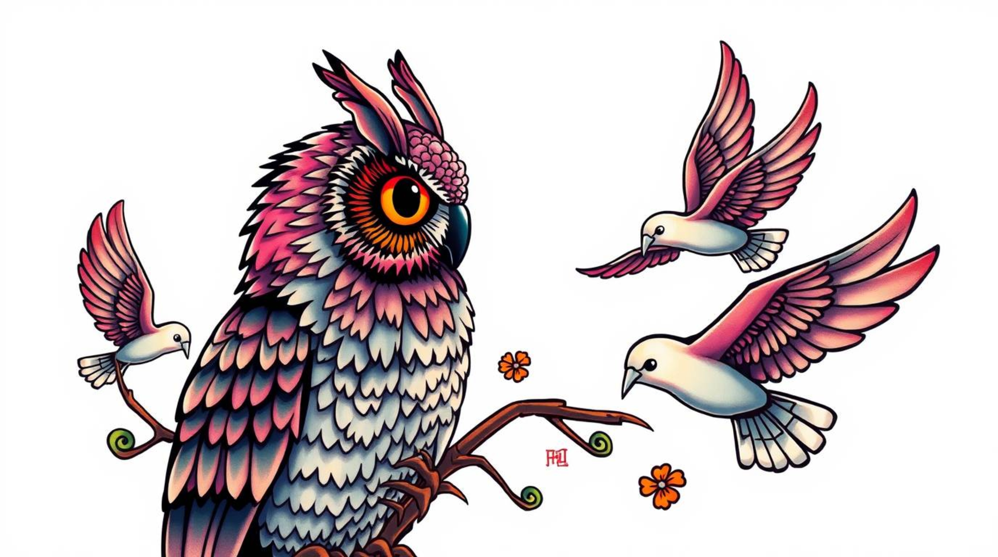 Explore a collection of symbolic traditional tattoo art prints featuring a blind owl in a Pixar style, imparting wisdom as it