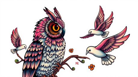 Explore a collection of symbolic traditional tattoo art prints featuring a blind owl in a Pixar style, imparting wisdom as it