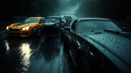Experience the thrill of a wacky racing scene in intense jet black, featuring outlandish cars navigating a track drenched in 