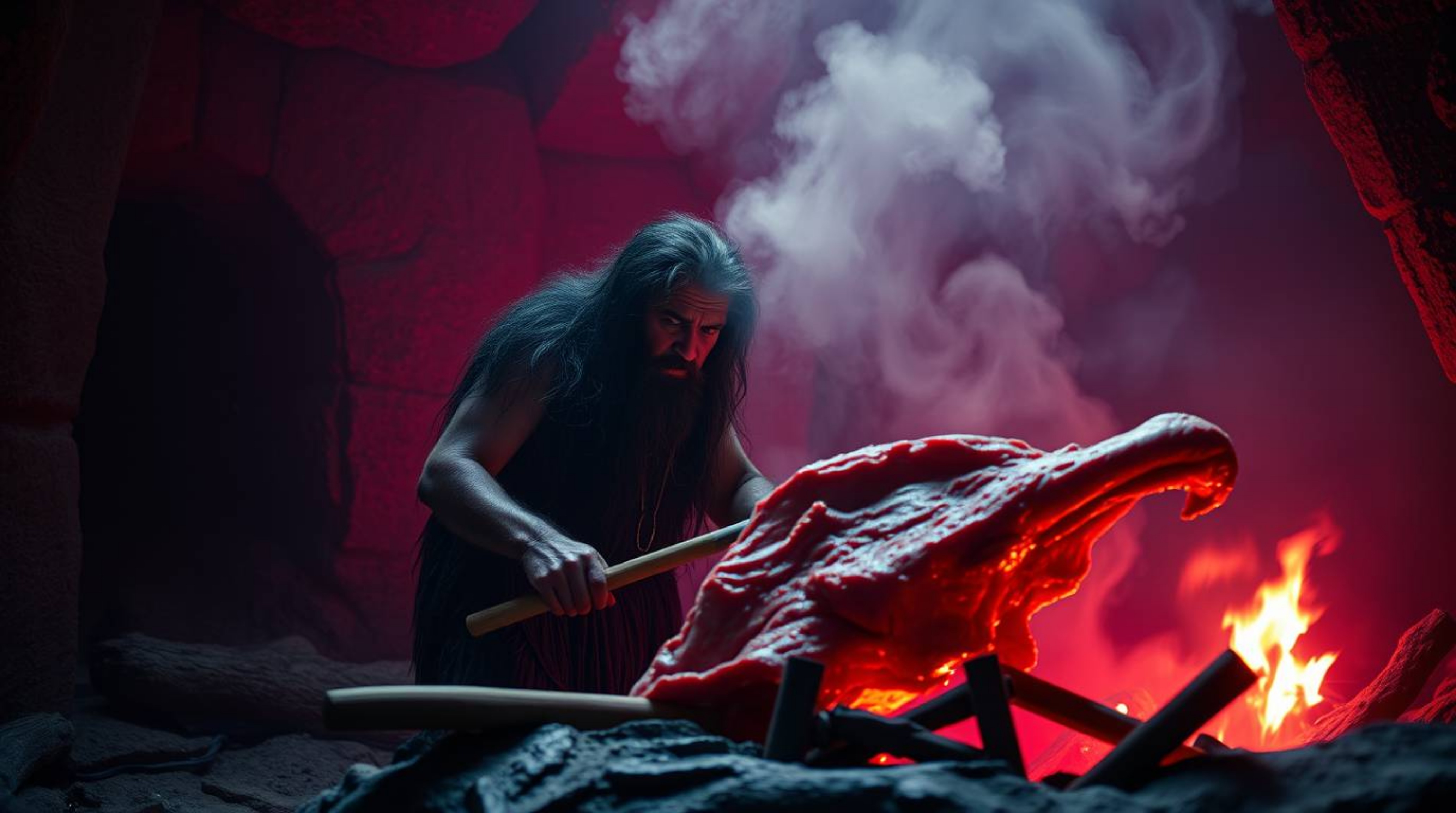 Explore a precise architectural color photograph depicting a caveman cooking mammoth meat, rendered in deep ultraviolet hues.