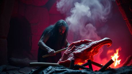 Explore a precise architectural color photograph depicting a caveman cooking mammoth meat, rendered in deep ultraviolet hues.