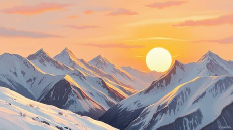This classic oil painting captures the serene beauty of snow-covered mountains bathed in the warm glow of a pastel sunset.  T
