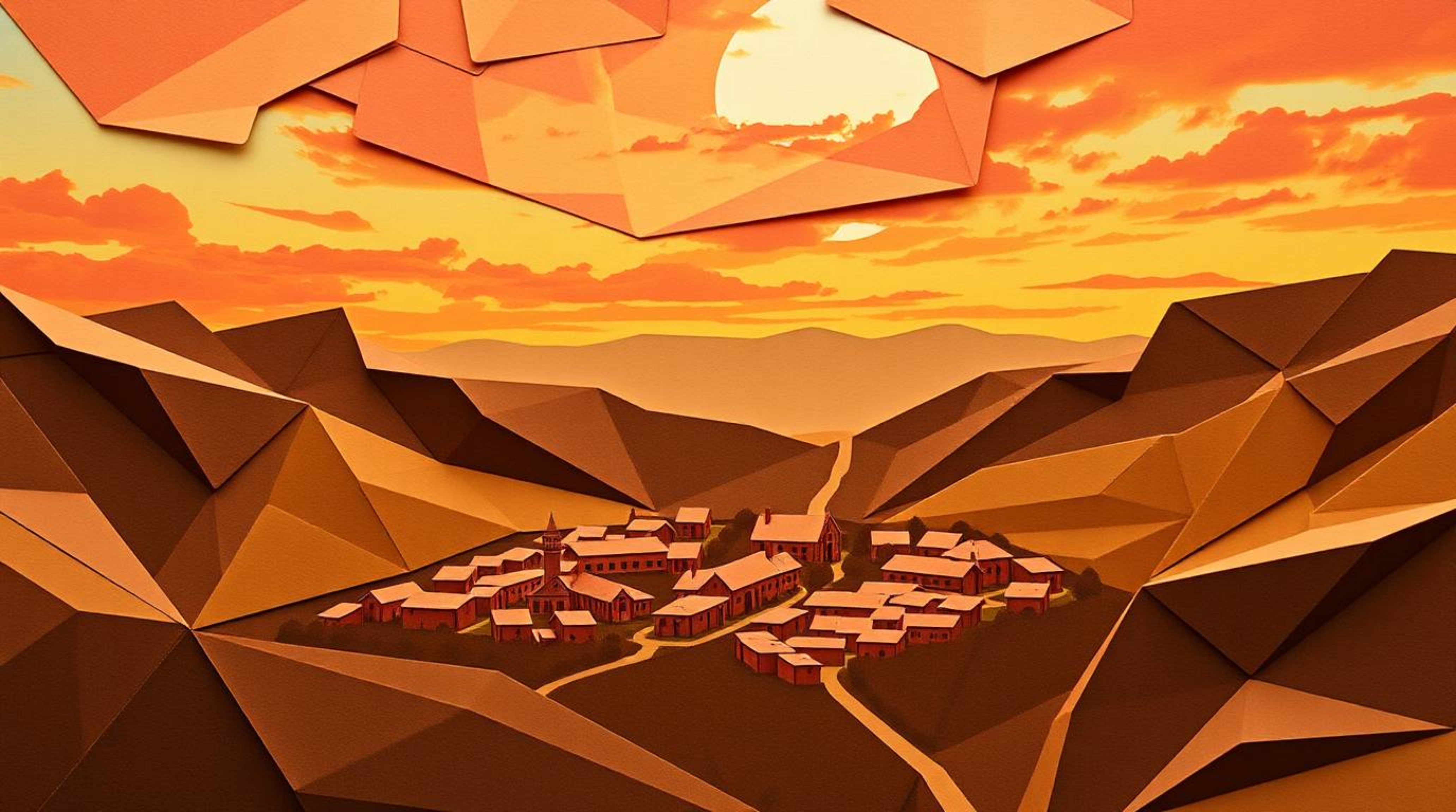 Discover a serene origami village nestled in a picturesque valley under a vibrant sky.  This intricate artwork utilizes natur