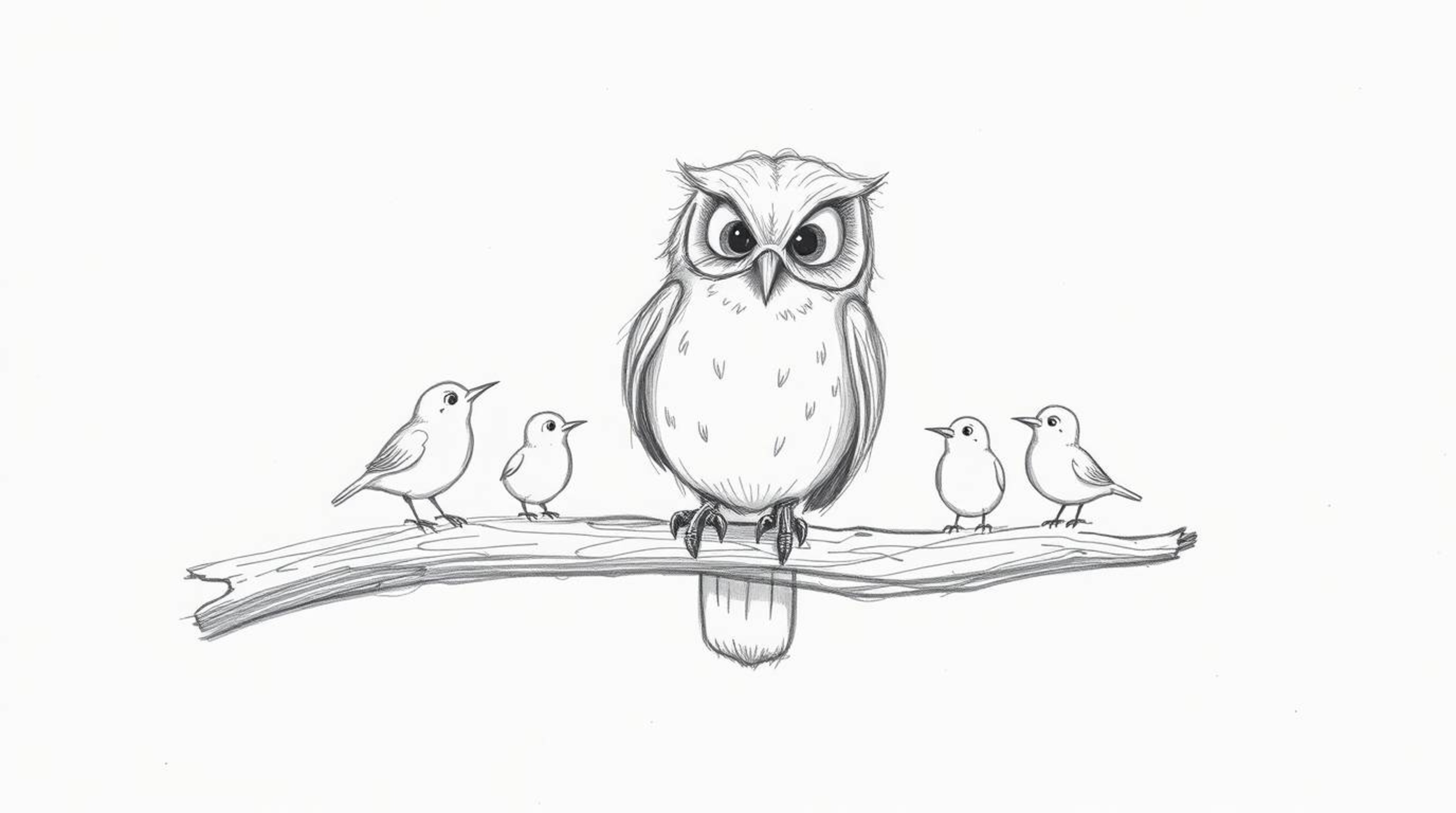 A charming hand-drawn sketch in the style of Pixar depicts a blind owl, its soft feathers and expressive eyes full of wisdom,