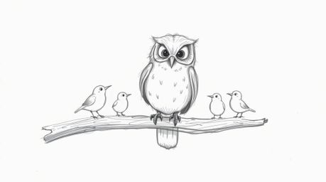 A charming hand-drawn sketch in the style of Pixar depicts a blind owl, its soft feathers and expressive eyes full of wisdom,