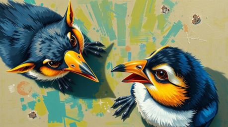 A captivating acrylic painting offers a bird's-eye view of two mischievous talking animals.  The artwork showcases vibrant co