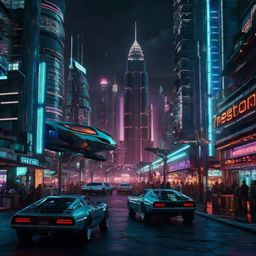 Immerse yourself in a futuristic cityscape featuring towering skyscrapers constructed from sleek glass and steel.  Vibrant ne
