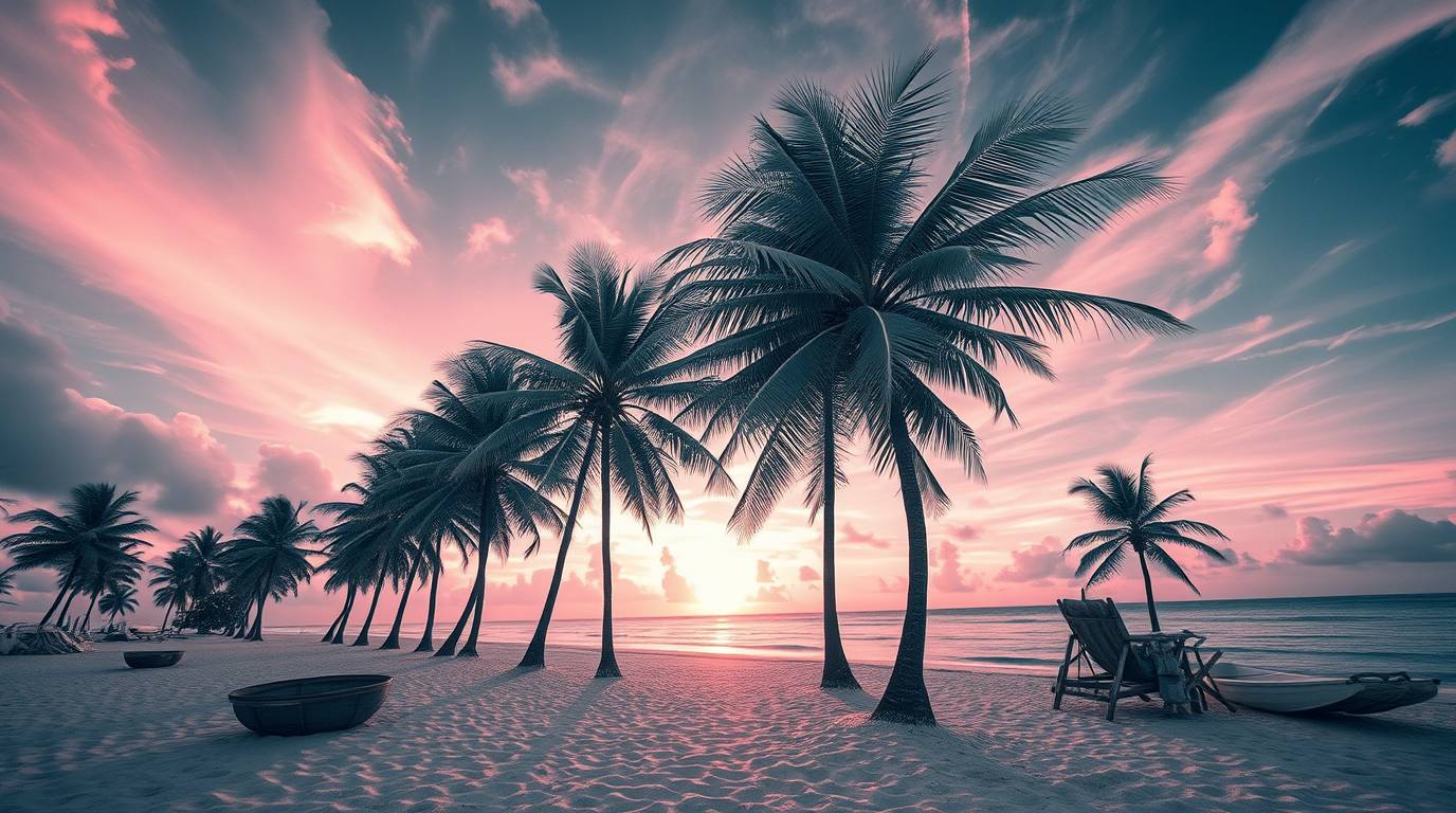 Experience a surreal and otherworldly tropical beach sunset captured through infrared photography. Palm trees sway in the gen