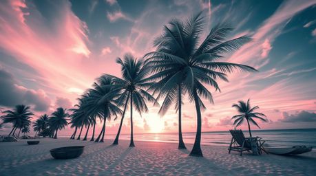 Experience a surreal and otherworldly tropical beach sunset captured through infrared photography. Palm trees sway in the gen