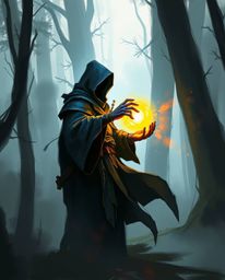 A dynamic digital sketch showcases a cloaked figure within a misty forest, holding a glowing orb.  The artwork features loose