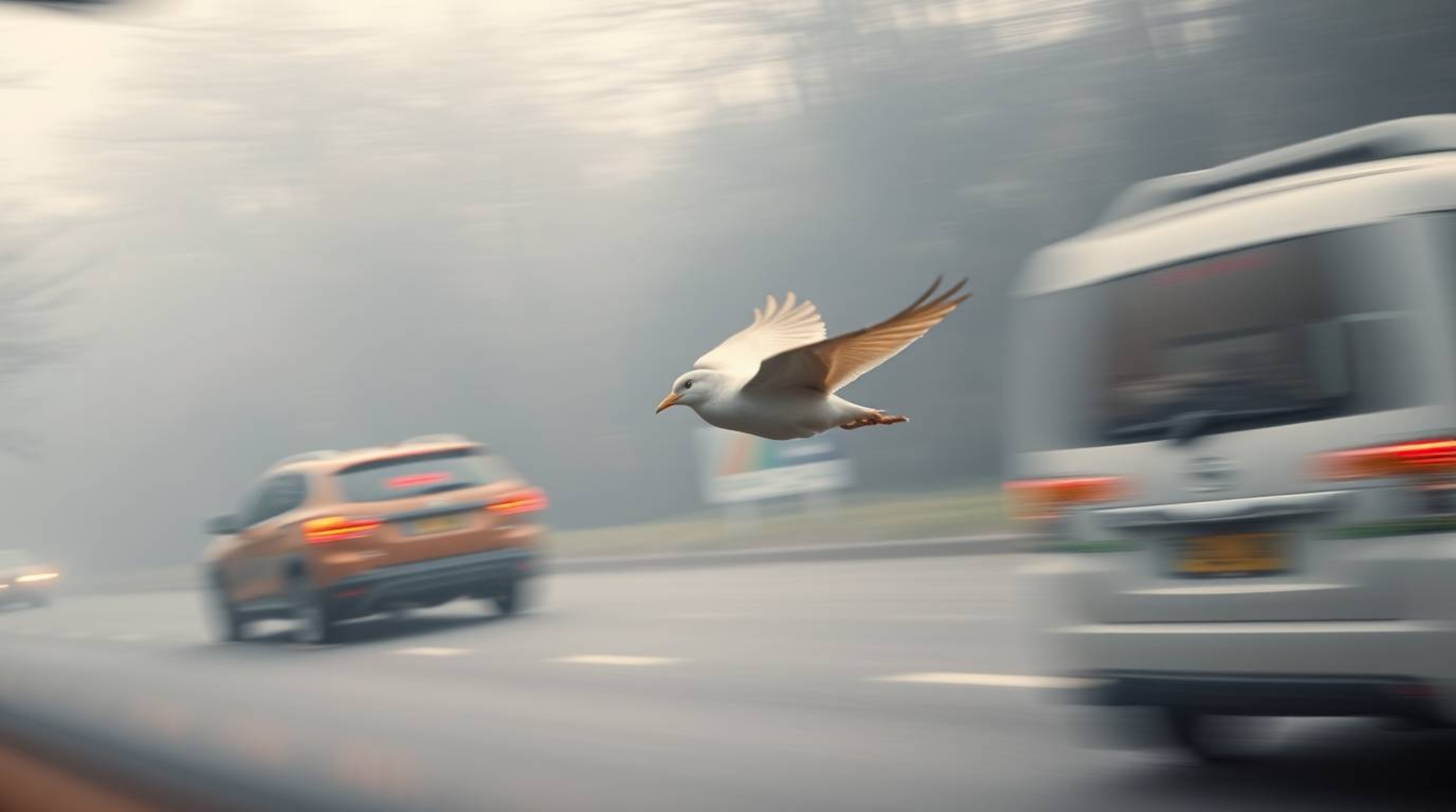 Experience the mesmerizing beauty of a fast-running bird gracefully navigating through traffic in a mystic and enchanting env
