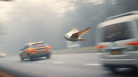 Experience the mesmerizing beauty of a fast-running bird gracefully navigating through traffic in a mystic and enchanting env
