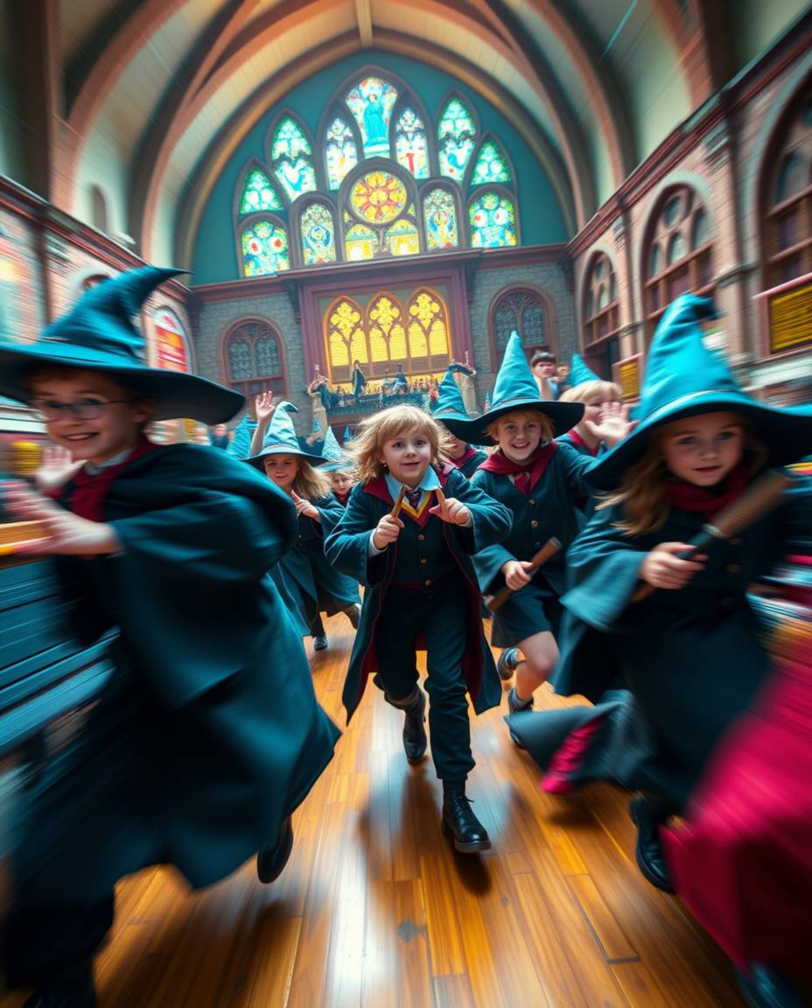 Discover a captivating world of magic and wonder! This artwork showcases a magical school brimming with young wizards, depict