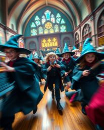 Discover a captivating world of magic and wonder! This artwork showcases a magical school brimming with young wizards, depict