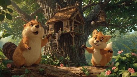 A vibrant, high-resolution stock photo, in a whimsical, Pixar-inspired style, of a happy beaver with golden-brown fur buildin