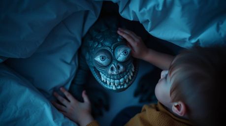 A heartwarming high-angle perspective capturing the unlikely friendship between a child and a monster from under the bed. Thi
