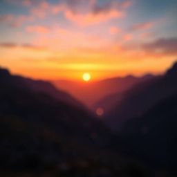 A stunning digital painting depicts a vibrant sunset over a tranquil mountain valley.  The artwork features a mesmerizing bok