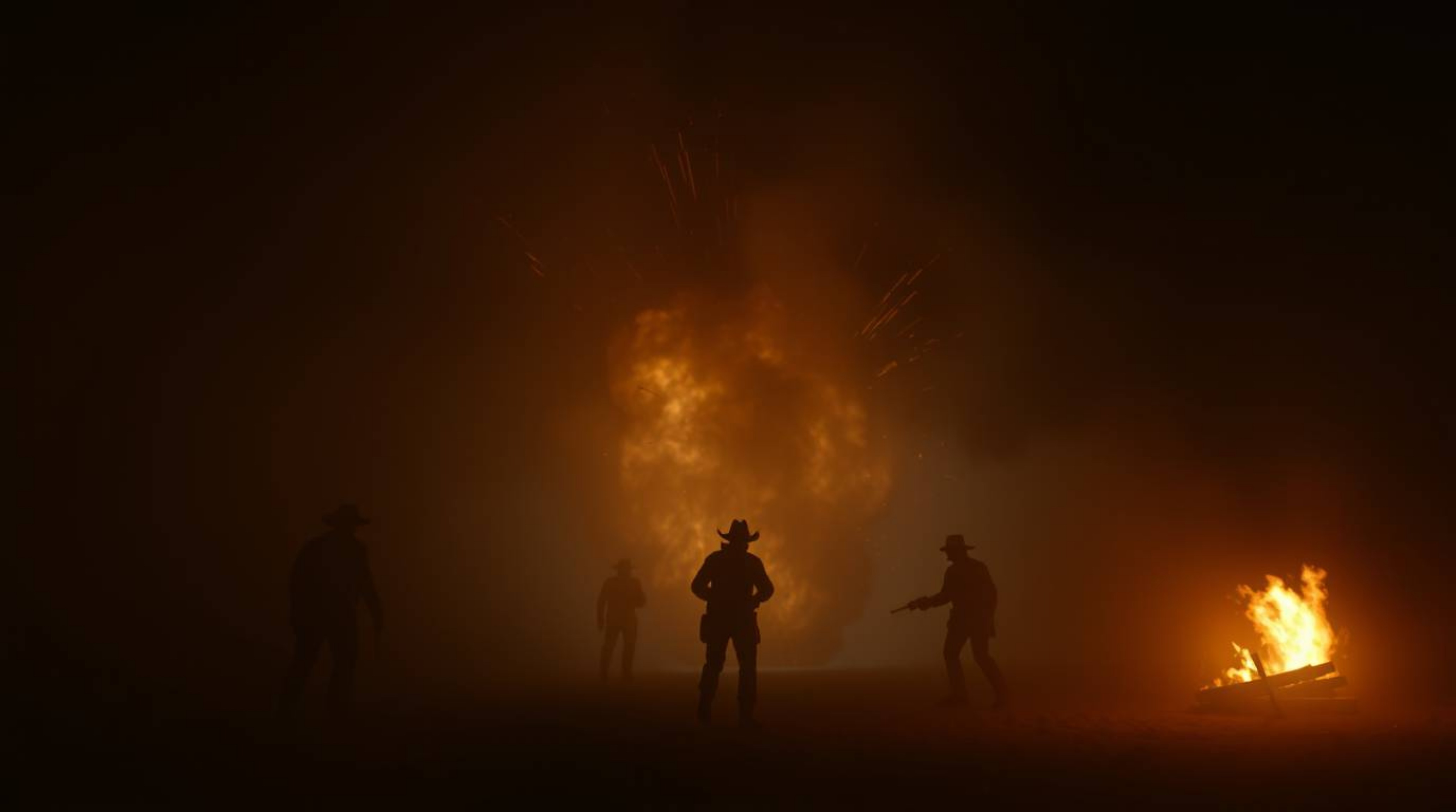 A classic exploding TNT gag in the wild west is reimagined with dark tones and a thick, eerie fog, creating a creepy atmosphe