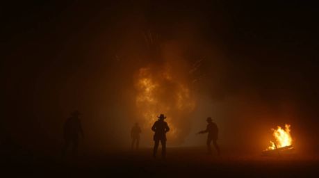 A classic exploding TNT gag in the wild west is reimagined with dark tones and a thick, eerie fog, creating a creepy atmosphe