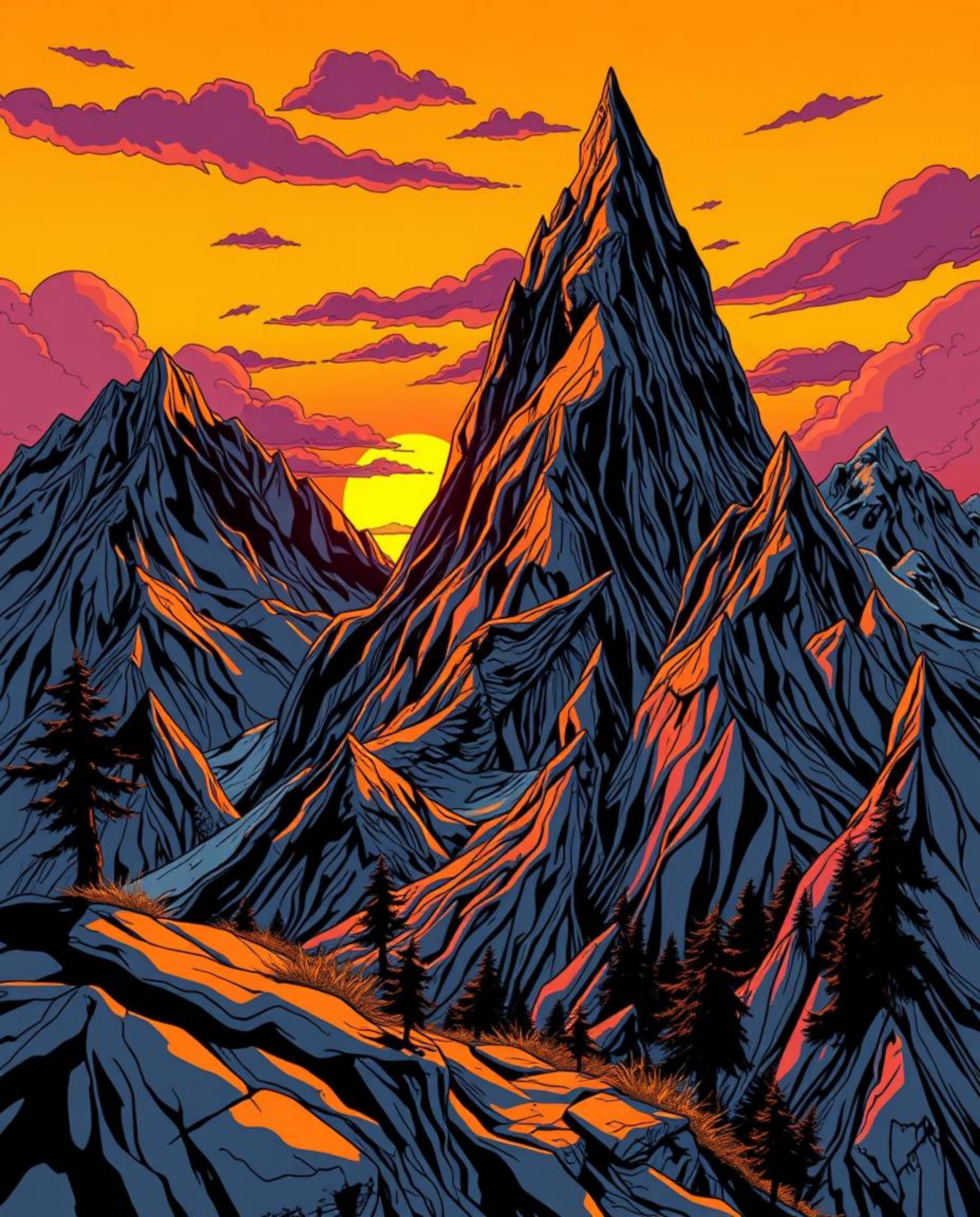 Step into an epic world with this Isekai anime style illustration of a high-alpine peak sunset. The artwork features an expre