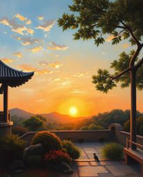 Classic oil painting depicting a sunset over a serene Zen garden, showcasing rich textures, visible brushstrokes, and a smoot