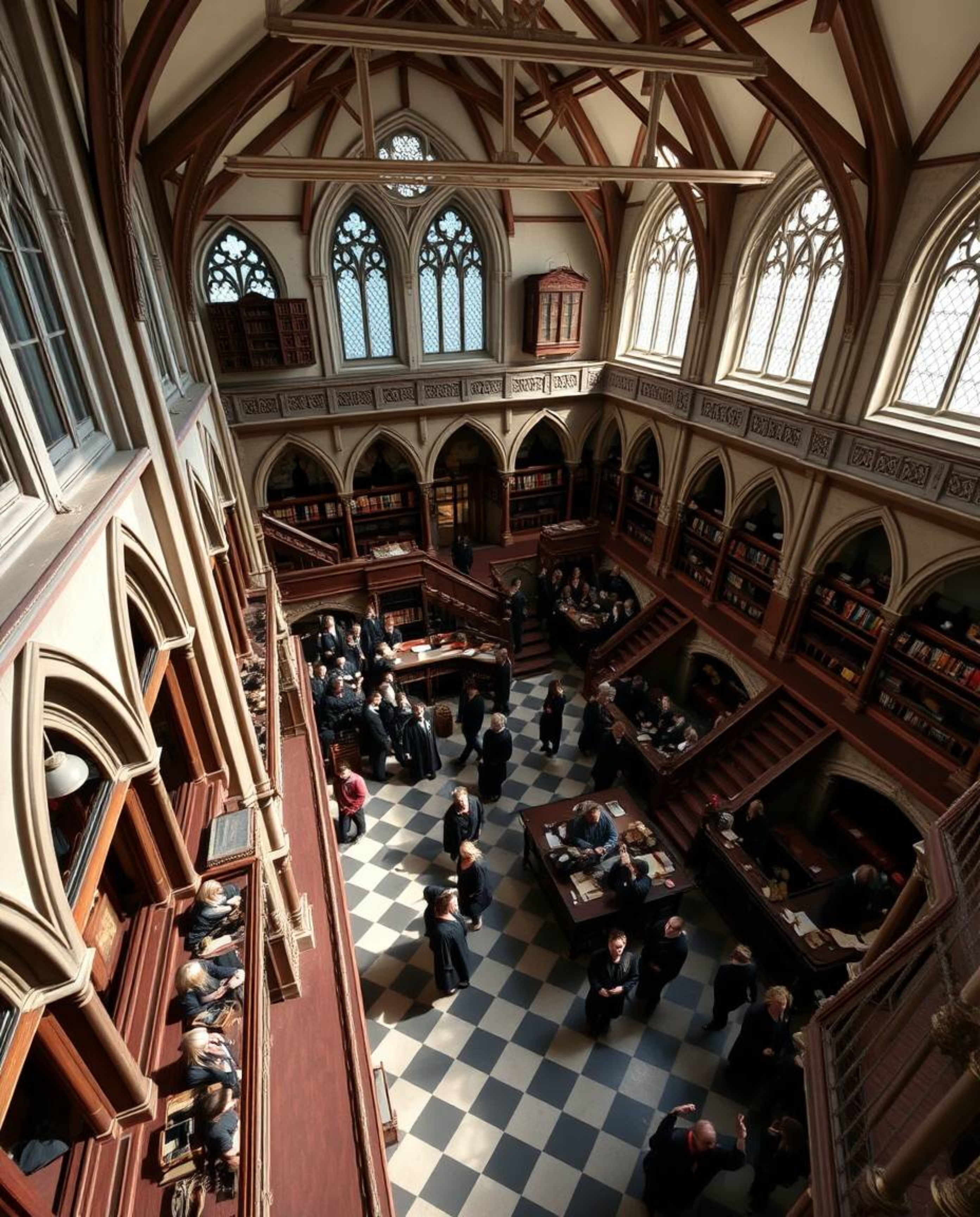 Capture the enchanting essence of a magical school through a precise architectural color photograph. This high-angle perspect