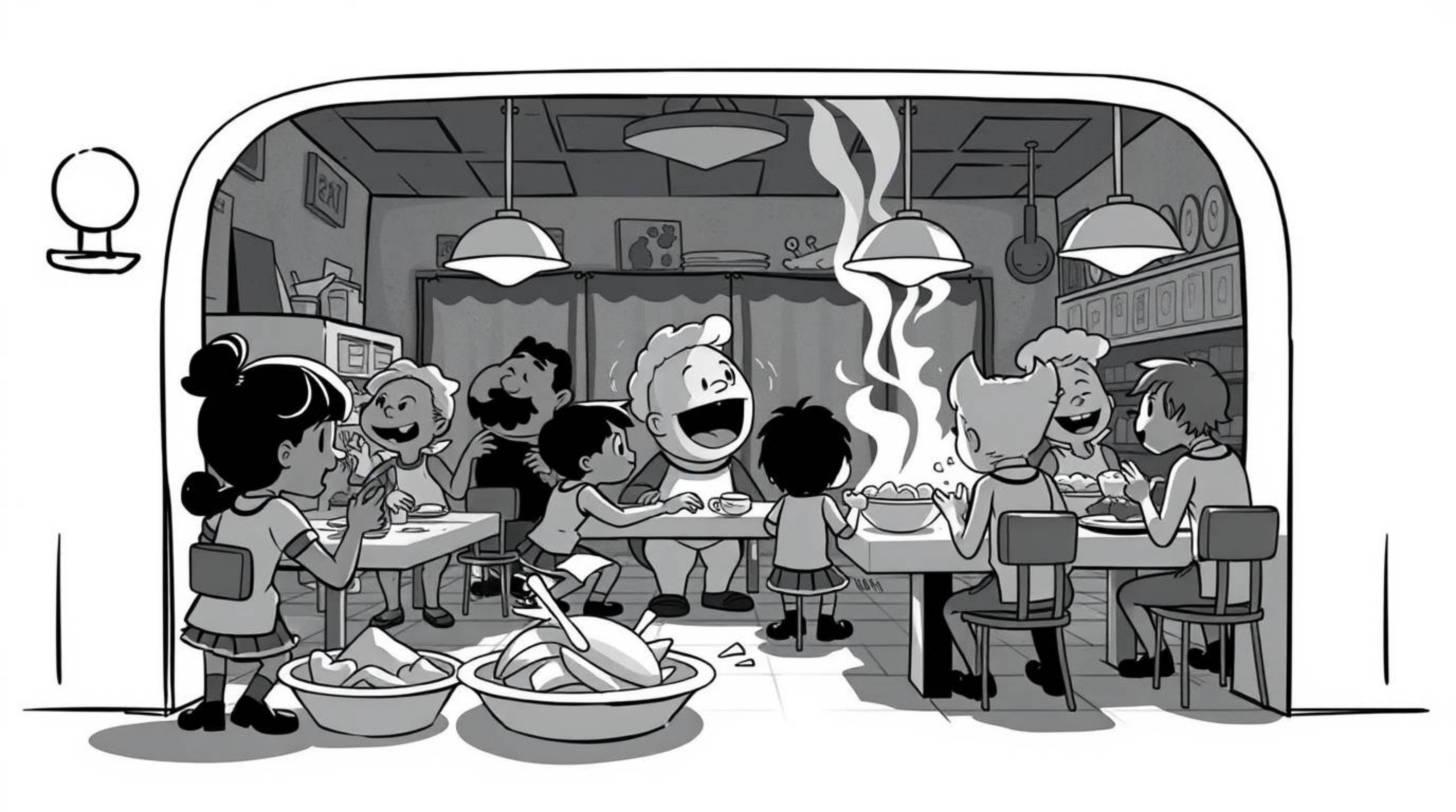 A timeless, elegant black and white photograph depicts a whimsical cartoon food fight in a cafeteria. The image evokes a drea