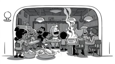 A timeless, elegant black and white photograph depicts a whimsical cartoon food fight in a cafeteria. The image evokes a drea